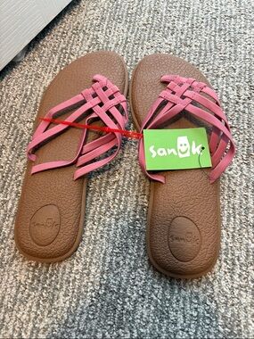 Sanuk Pink Woven Strap Slide Sandals with Brown Footbed